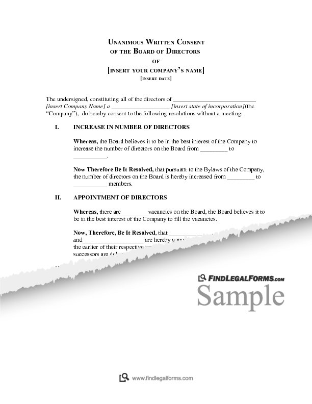 Board Of Directors Unanimous Written Consent Sample Board Of Directors Unanimous Written Consent Sample 1